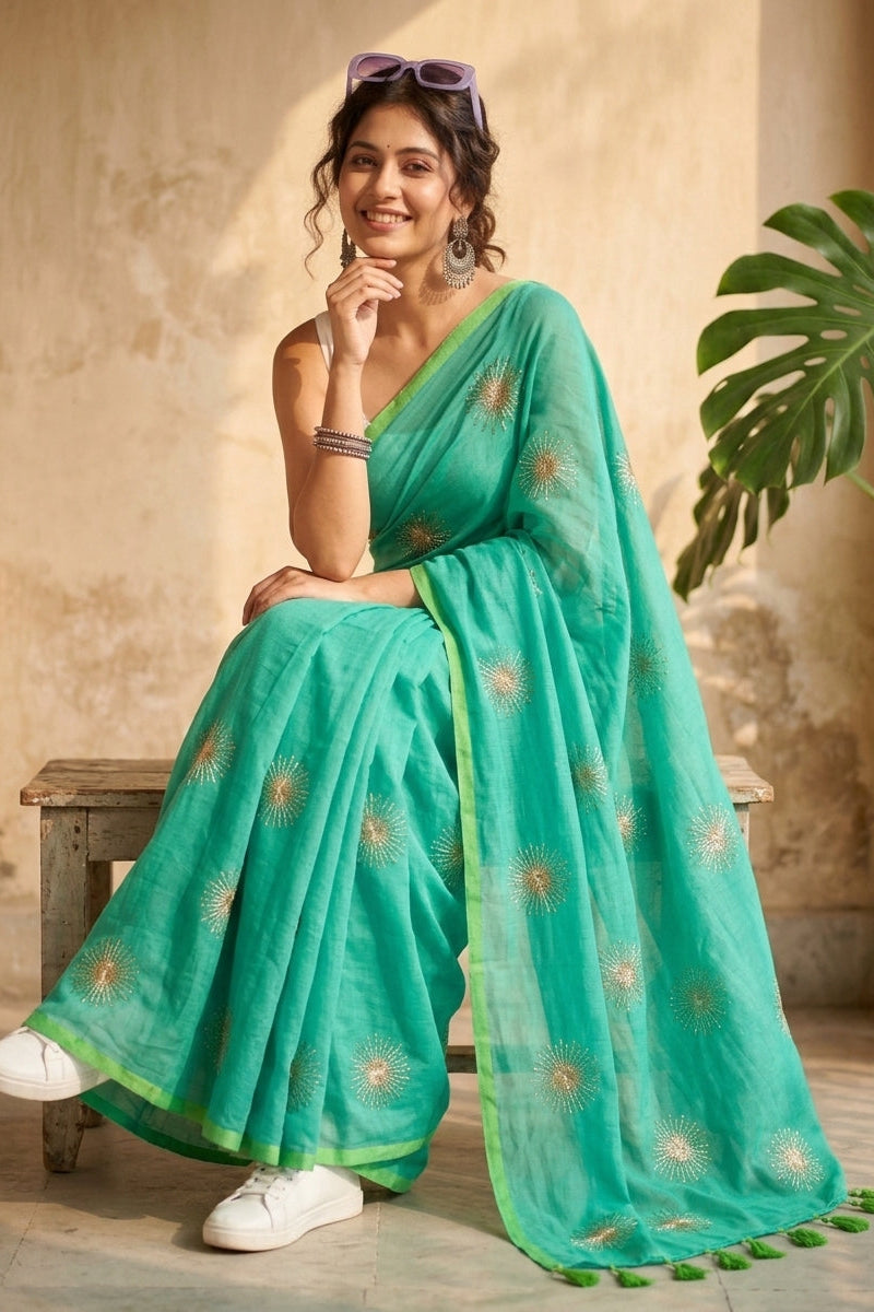 Stole My Heart Sequins Work Mul Cotton Saree