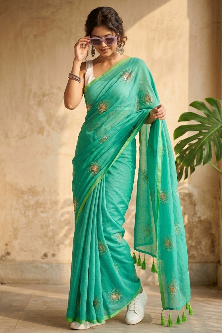 Stole My Heart Sequins Work Mul Cotton Saree