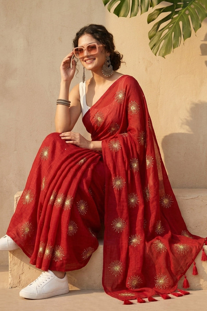 Stole My Heart Sequins Work Mul Cotton Saree