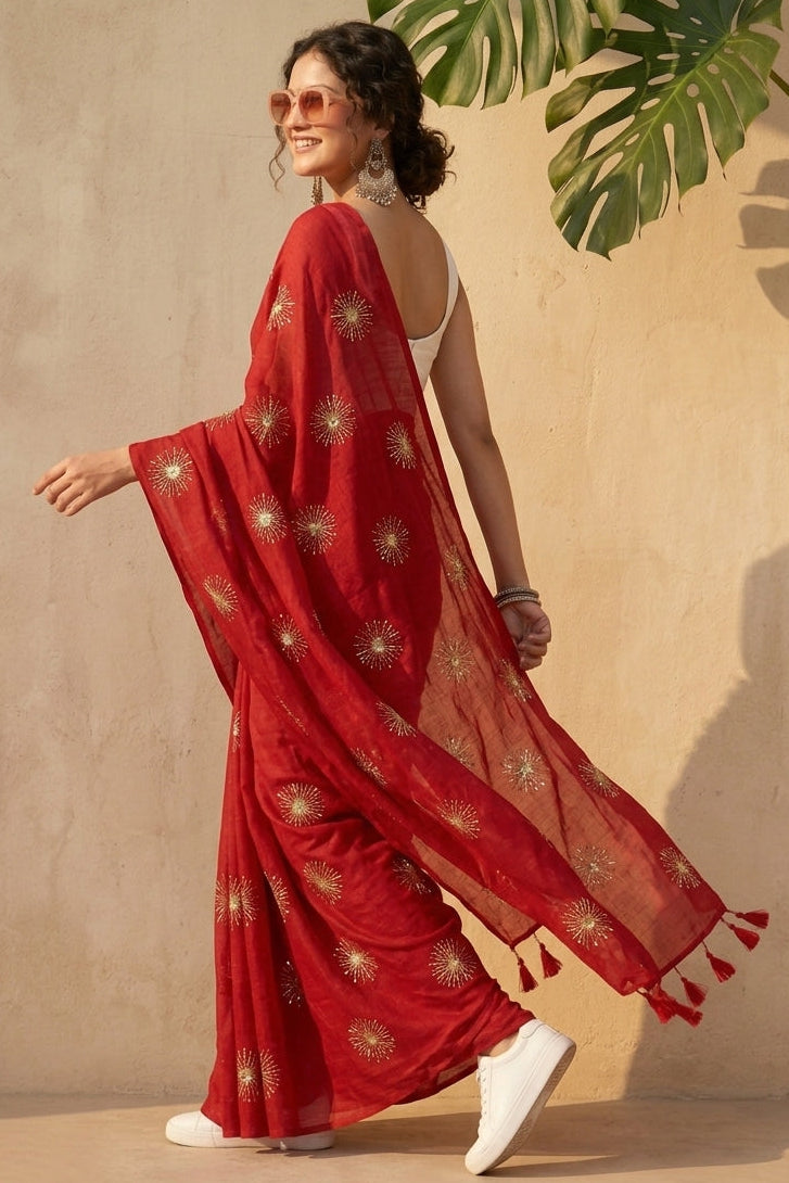 Stole My Heart Sequins Work Mul Cotton Saree