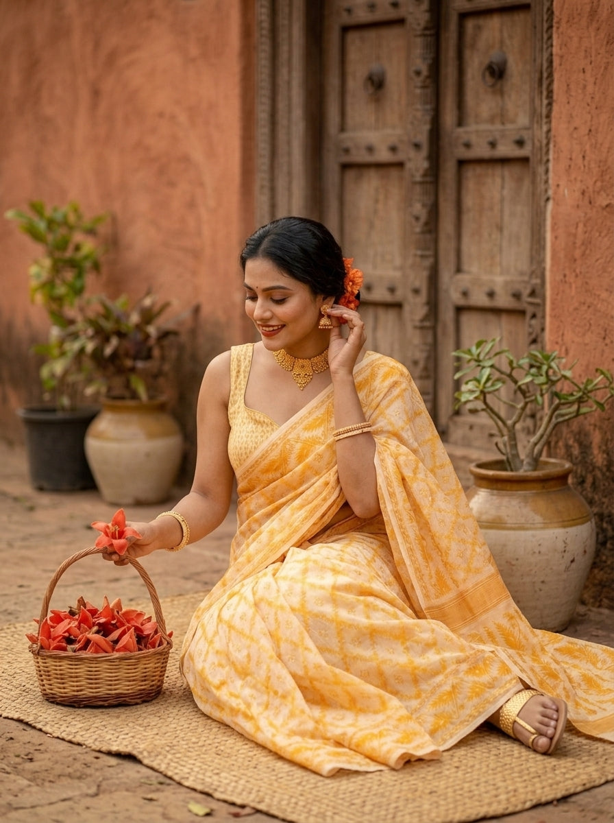 Neel Komol ( নীল কমল )Bengal Jamdani Saree (Yellow)