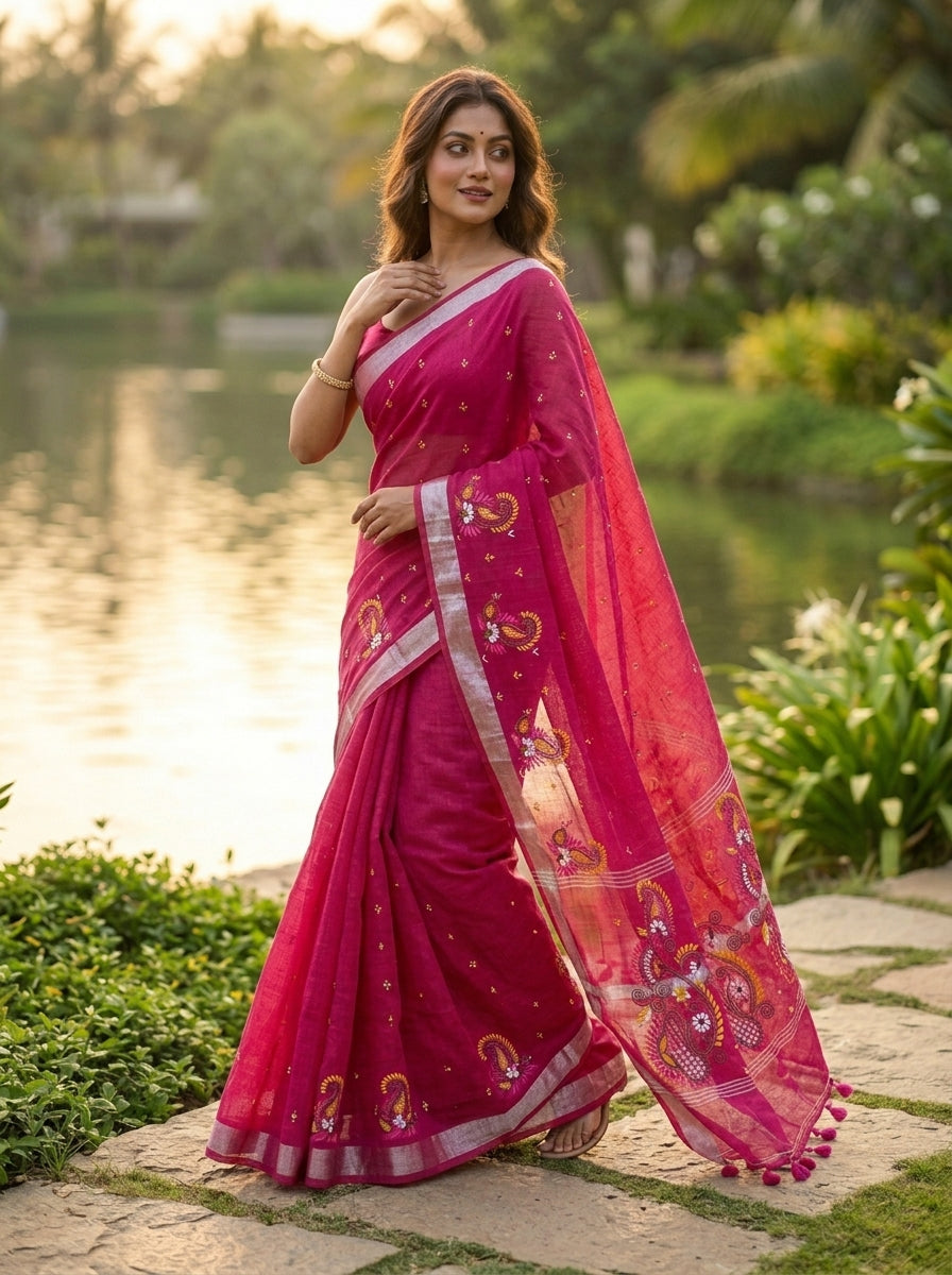 The Scarlet Heritage Khadi Linen Saree