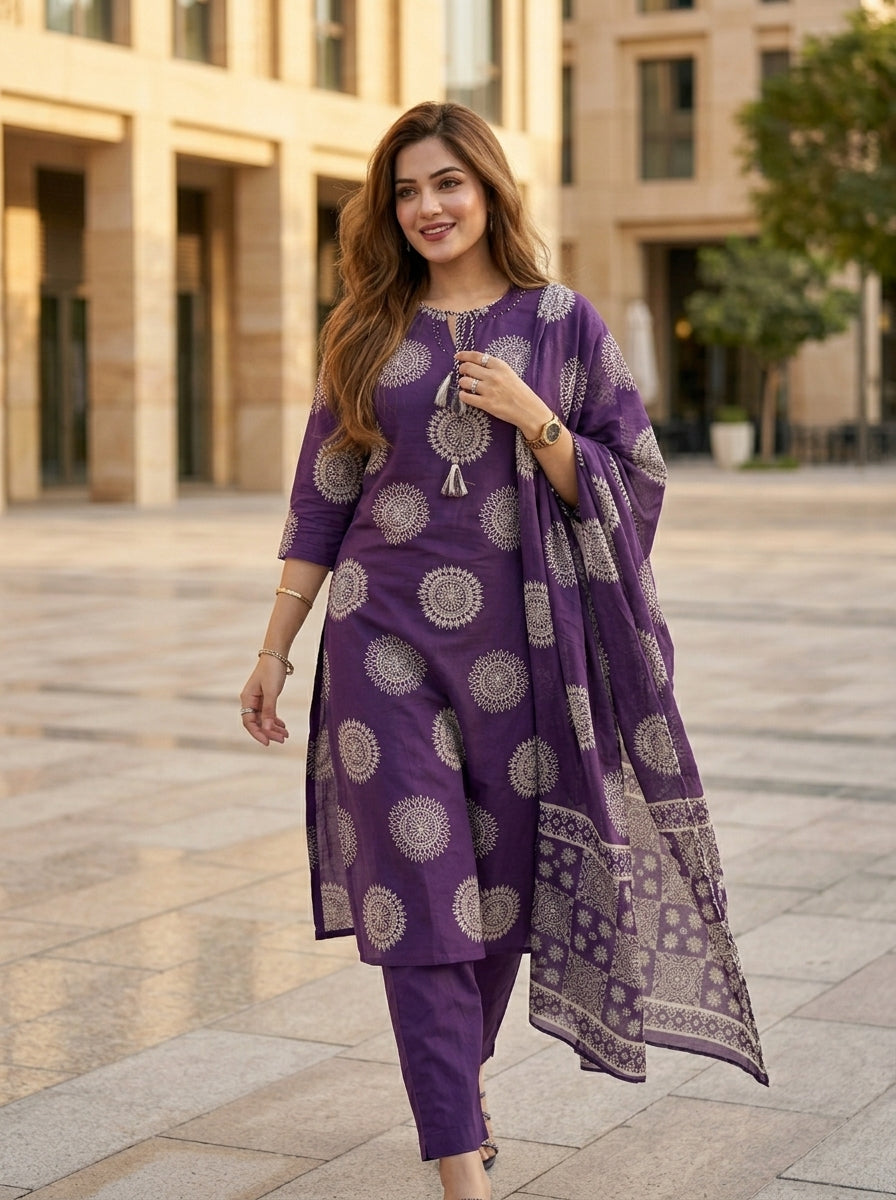 Majestic Plum Cotton Kurti Set