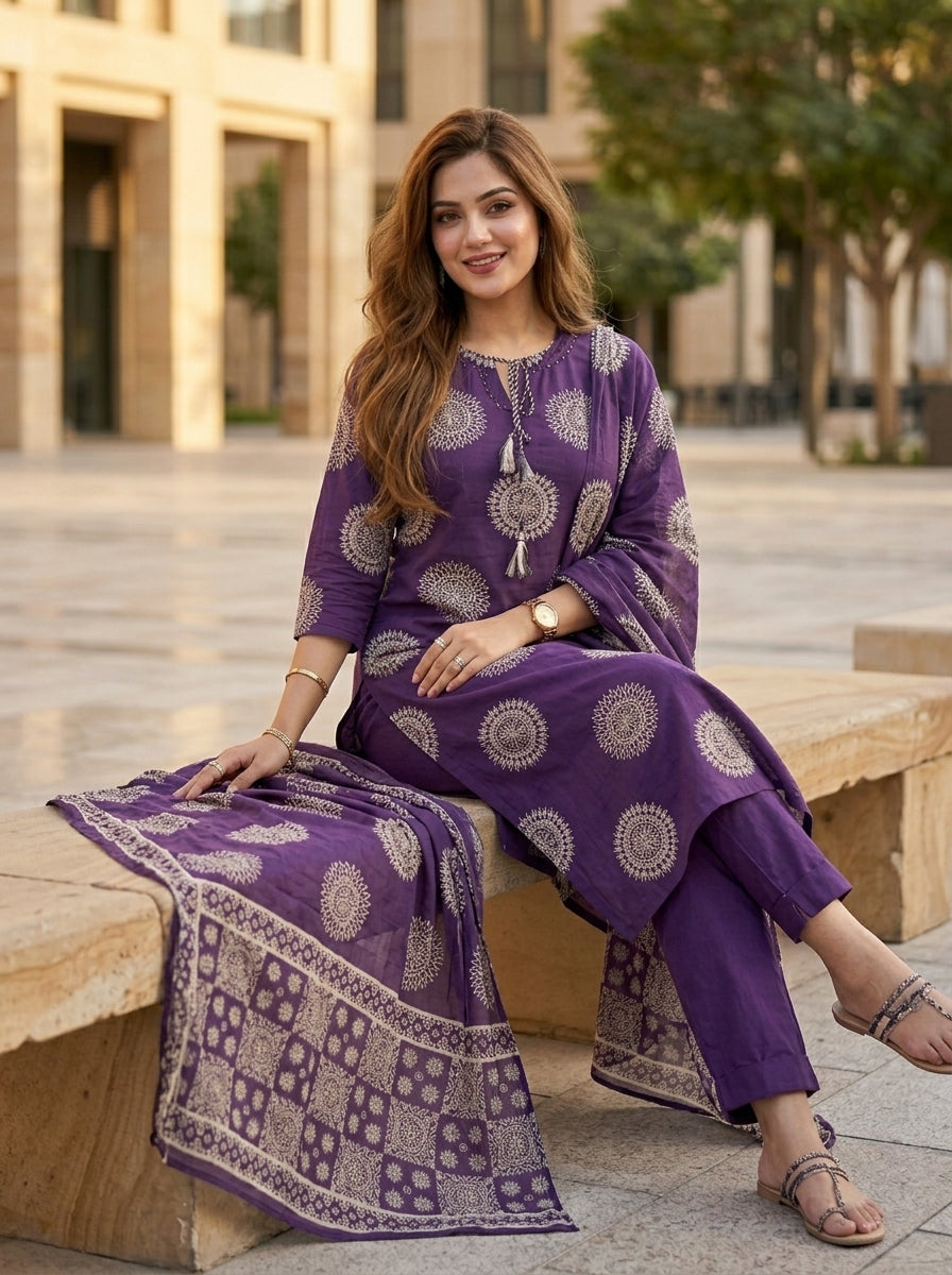 Majestic Plum Cotton Kurti Set