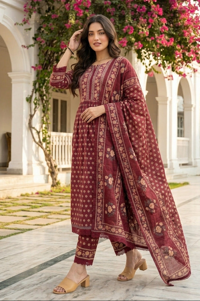 Maroon Melody Cotton Kurti Set