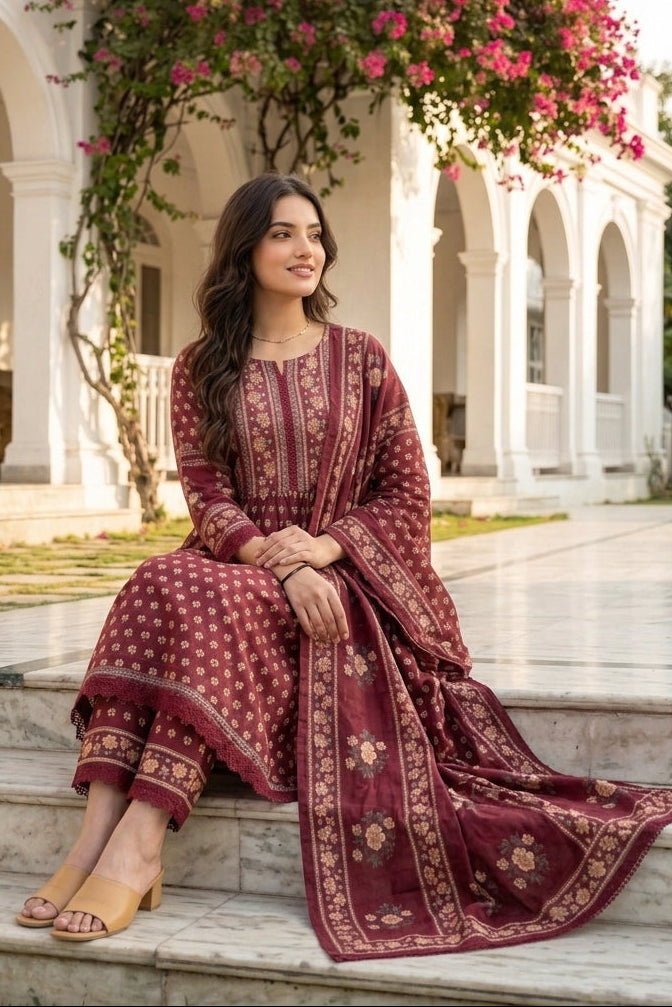 Maroon Melody Cotton Kurti Set