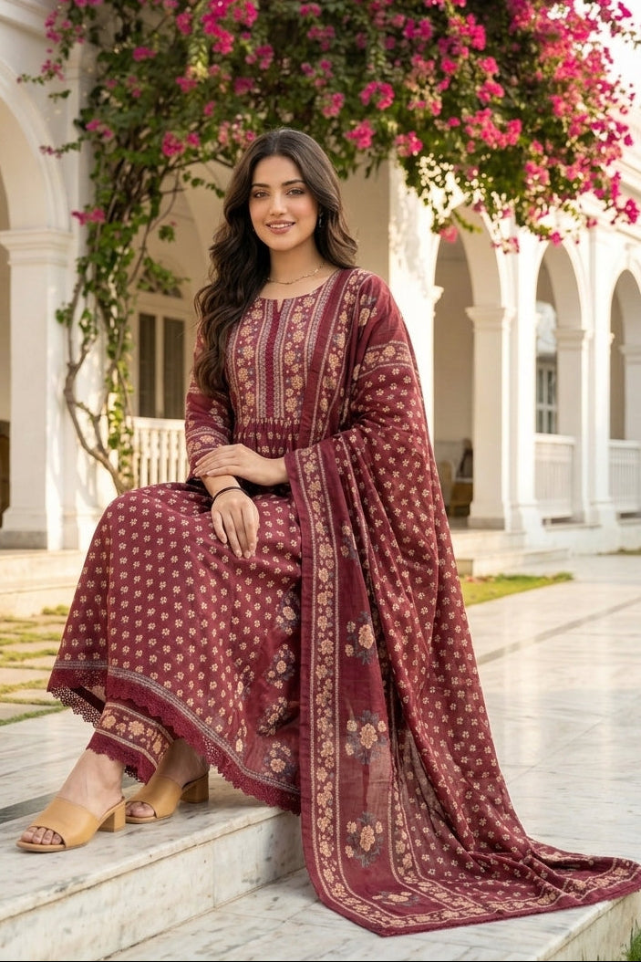 Maroon Melody Cotton Kurti Set