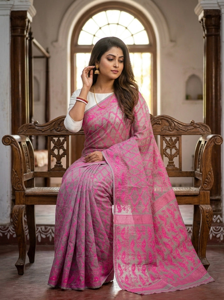 Neel Komol ( নীল কমল )Bengal Jamdani Saree (Pink-Grey)