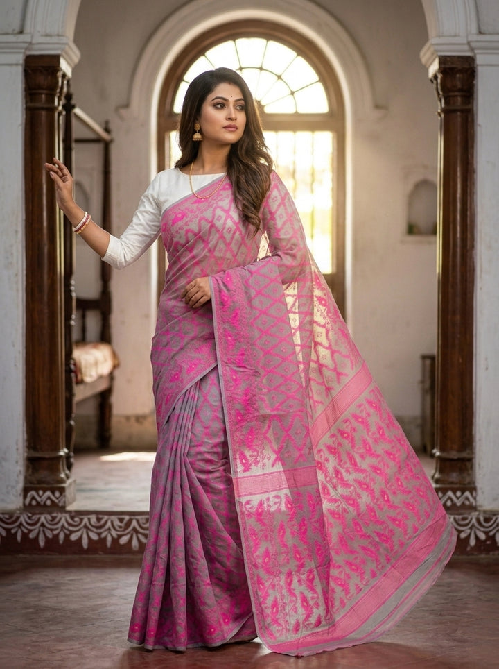 Neel Komol ( নীল কমল )Bengal Jamdani Saree (Pink-Grey)