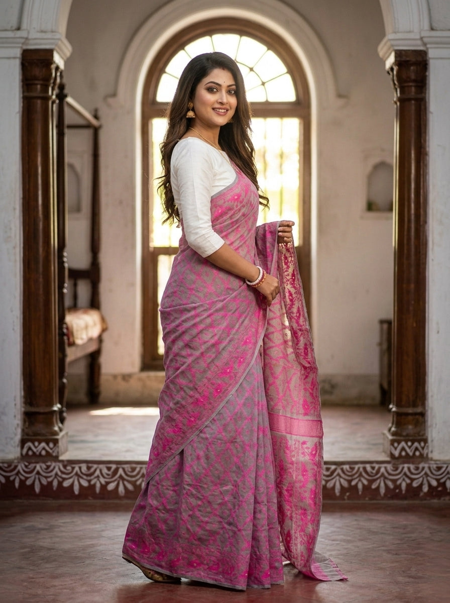 Neel Komol ( নীল কমল )Bengal Jamdani Saree (Pink-Grey)