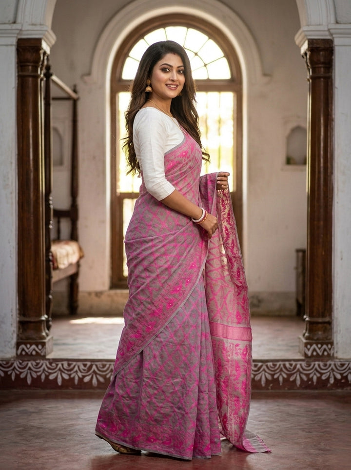 Neel Komol ( নীল কমল )Bengal Jamdani Saree (Pink-Grey)