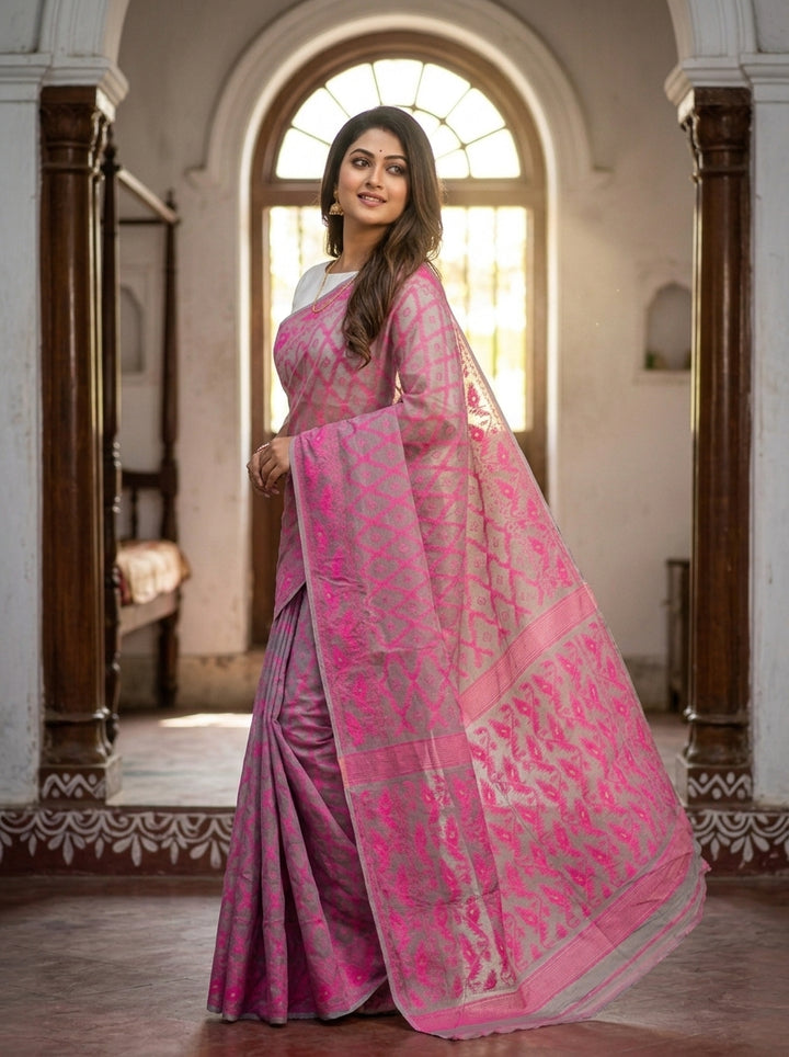 Neel Komol ( নীল কমল )Bengal Jamdani Saree (Pink-Grey)