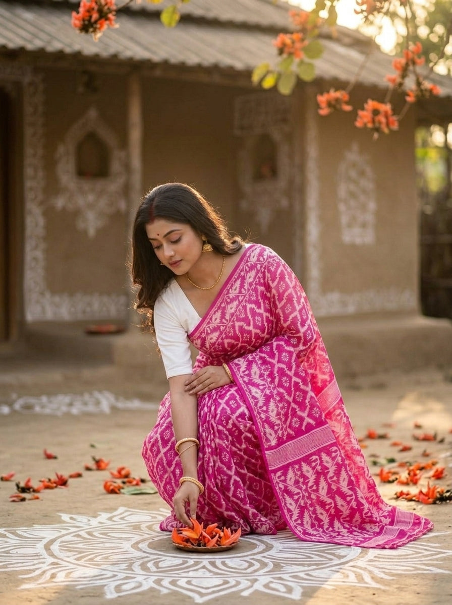 Neel Komol ( নীল কমল )Bengal Jamdani Saree (Rani Pink)