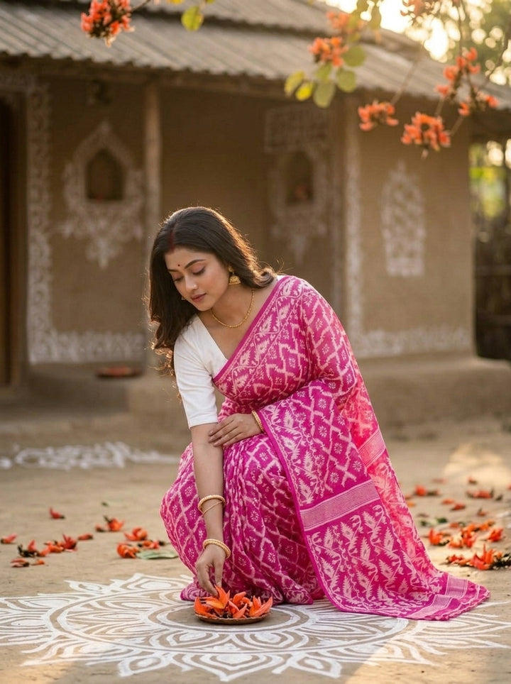 Neel Komol ( নীল কমল )Bengal Jamdani Saree (Rani Pink)