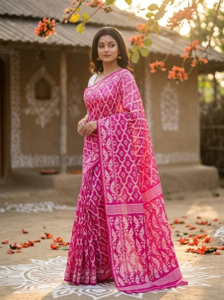 Neel Komol ( নীল কমল )Bengal Jamdani Saree (Rani Pink)