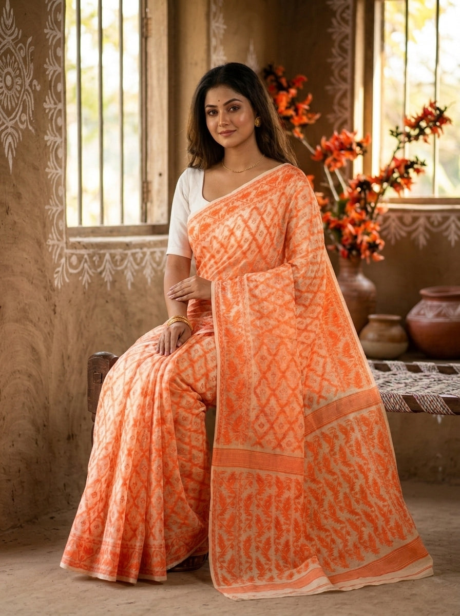 Neel Komol ( নীল কমল )Bengal Jamdani Saree (Beige-Orange)
