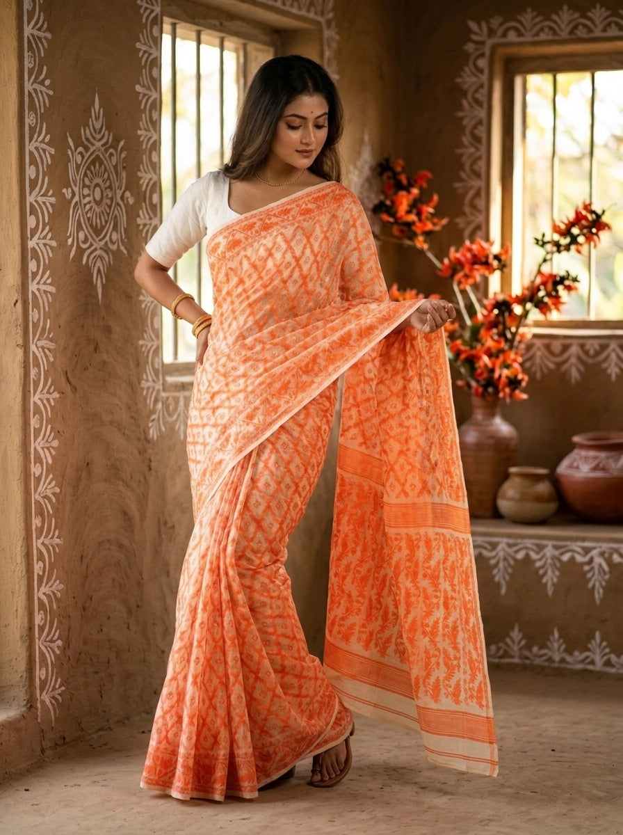 Neel Komol ( নীল কমল )Bengal Jamdani Saree (Beige-Orange)