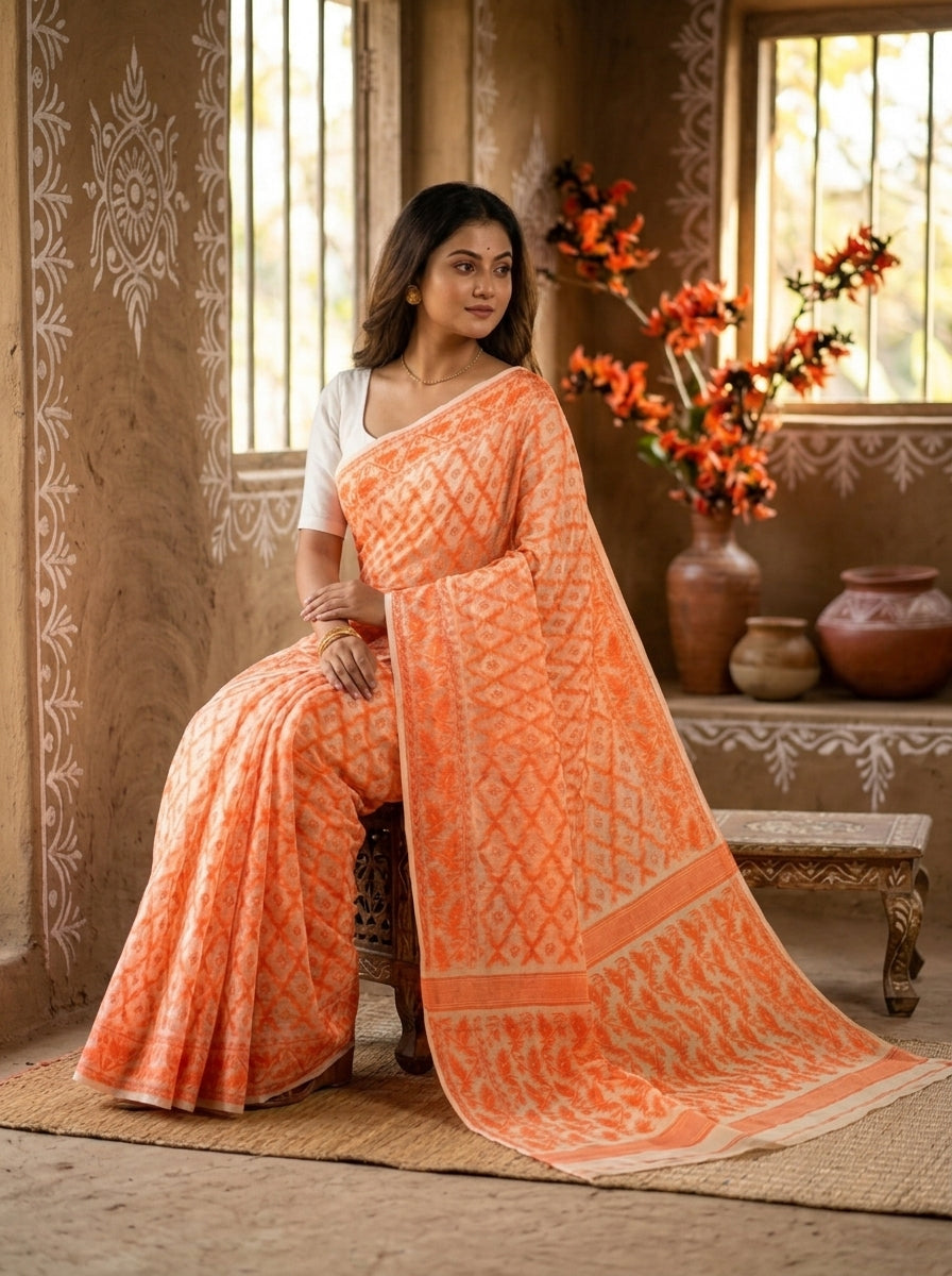 Neel Komol ( নীল কমল )Bengal Jamdani Saree (Beige-Orange)