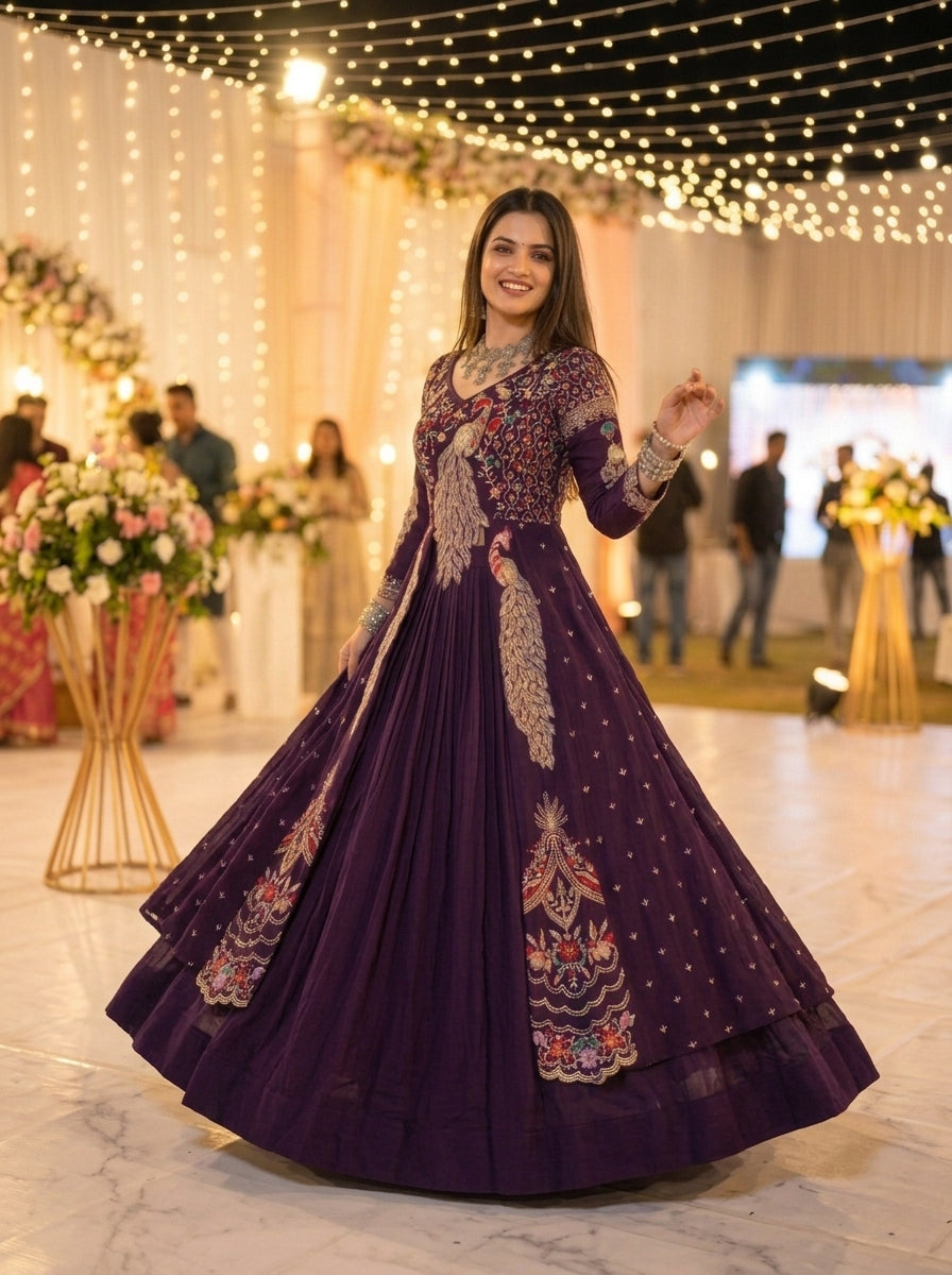 Purple Peacock Dream Vichitra Silk Lehenga
