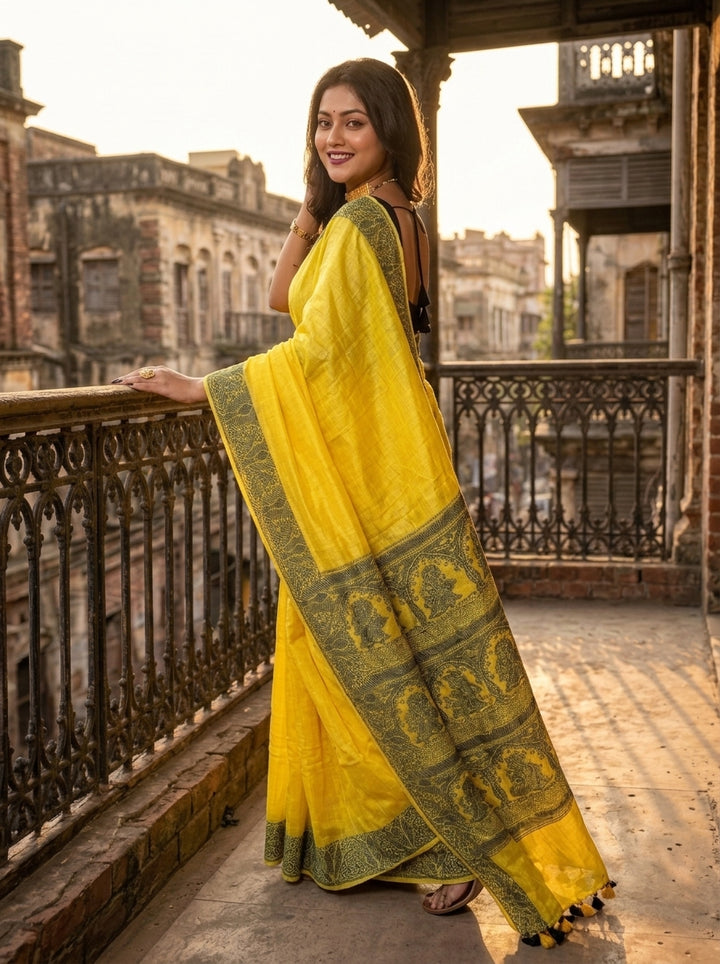 Sun Rays-Pure Handwoven Cotton Linen Saree
