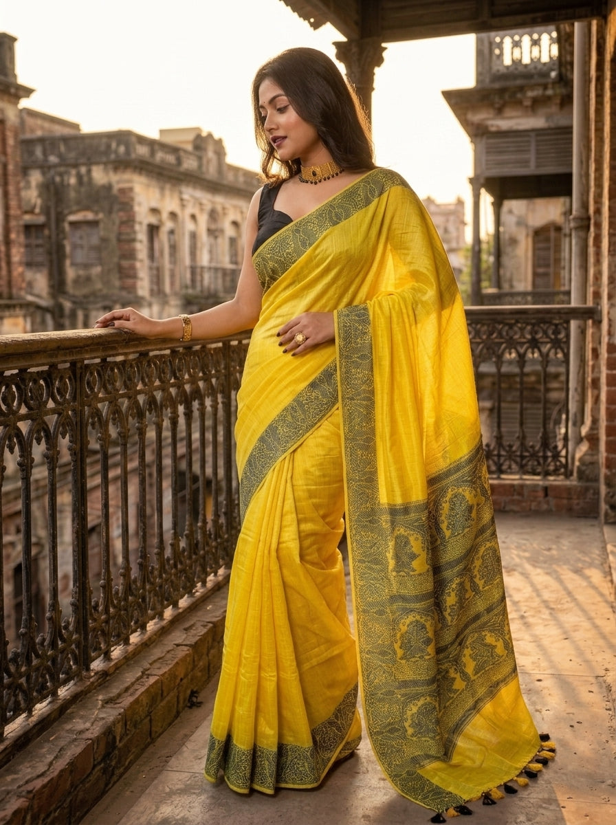 Sun Rays-Pure Handwoven Cotton Linen Saree