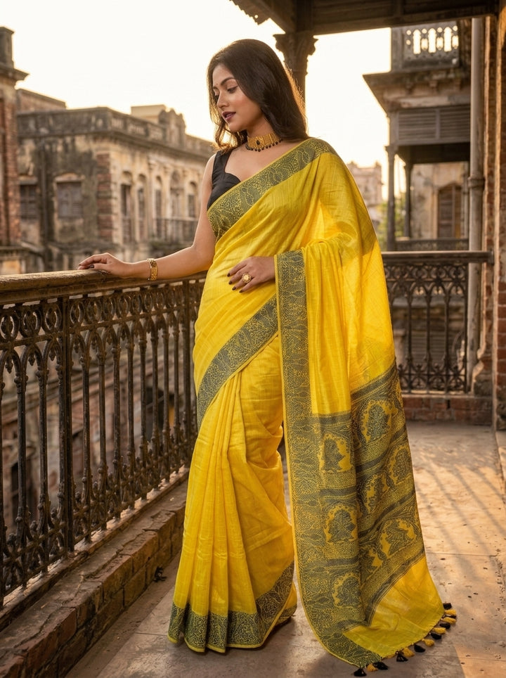 Sun Rays-Pure Handwoven Cotton Linen Saree
