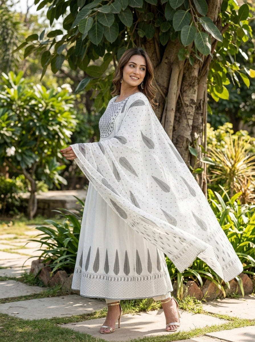 White Fun -Anarkali Cotton Suit Set