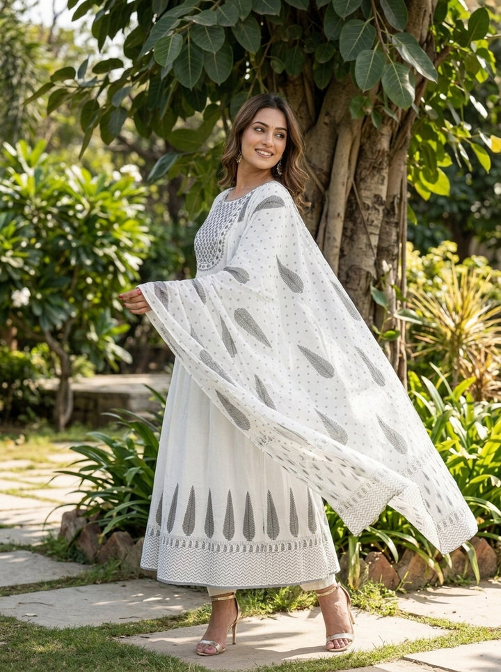 White Fun -Anarkali Cotton Suit Set
