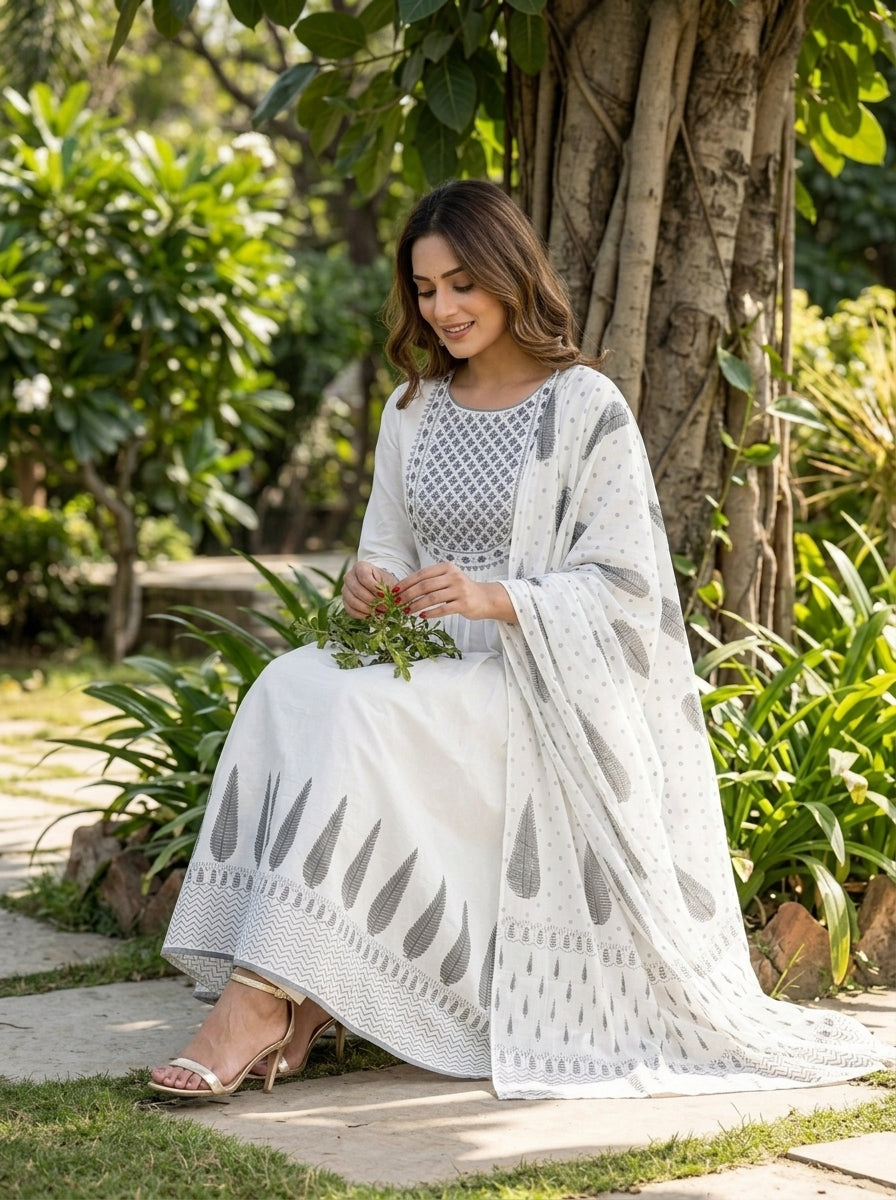 White Fun -Anarkali Cotton Suit Set