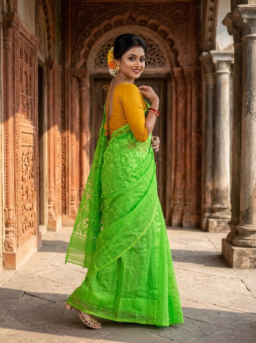 Shatarupa Bengal Jamdani Saree (Lime Green)