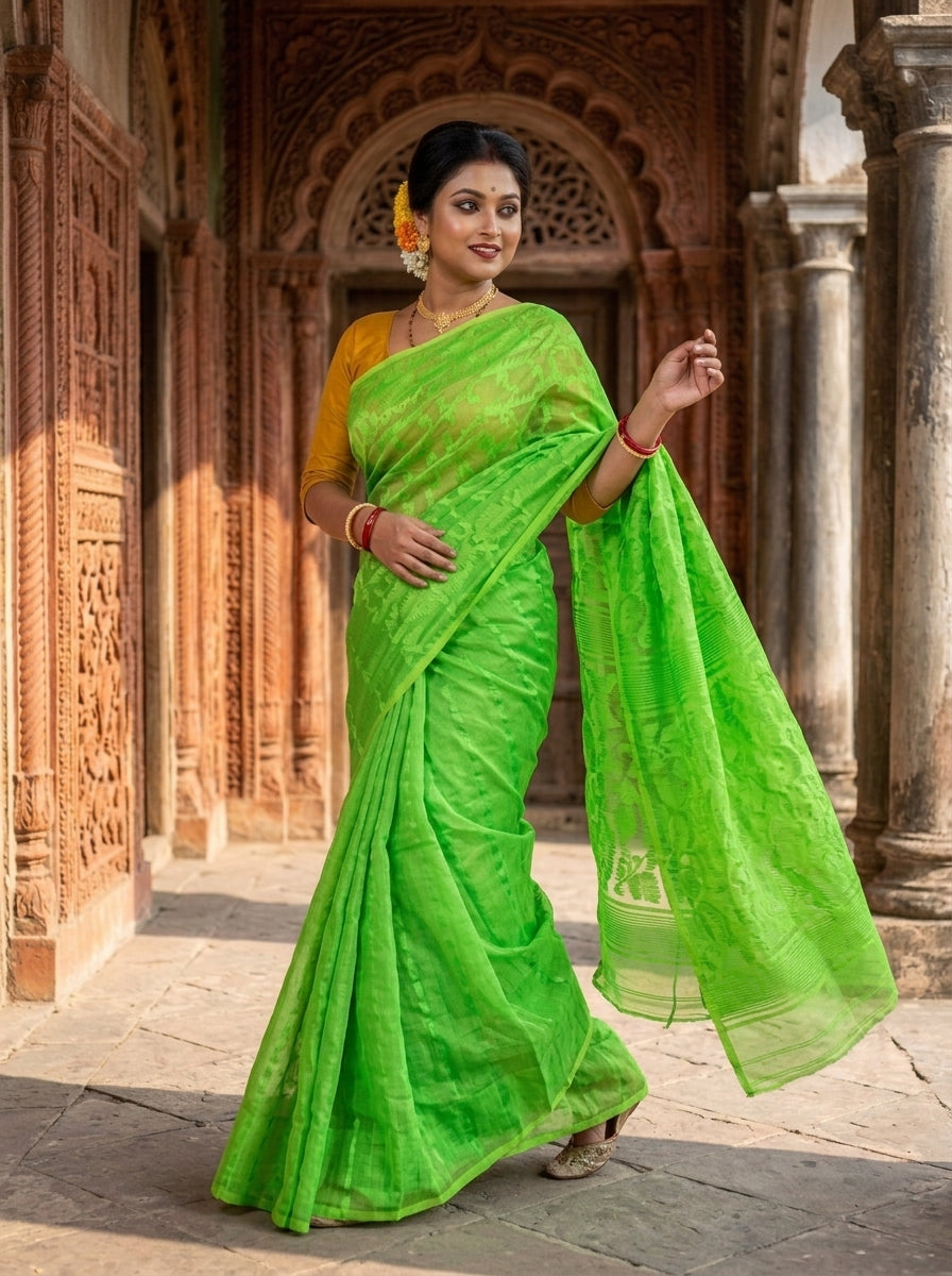 Shatarupa Bengal Jamdani Saree (Lime Green)