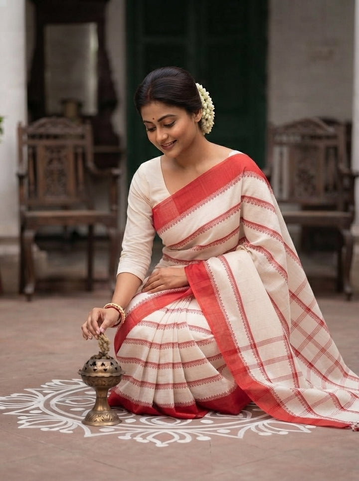 Shwetanjali Stripe Khadi Saree