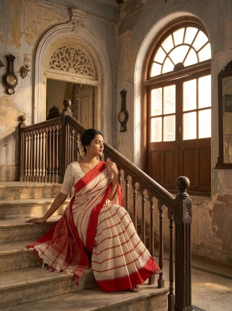 Shwetanjali Stripe Khadi Saree