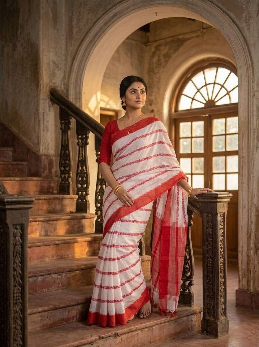 Shwetanjali Stripe Khadi Saree