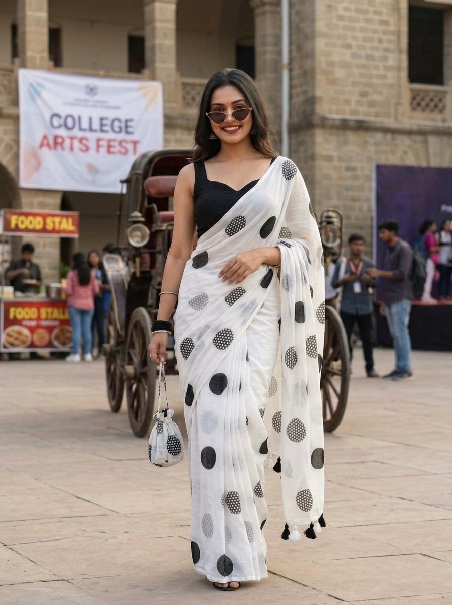Meadow Dots Mul Cotton Saree