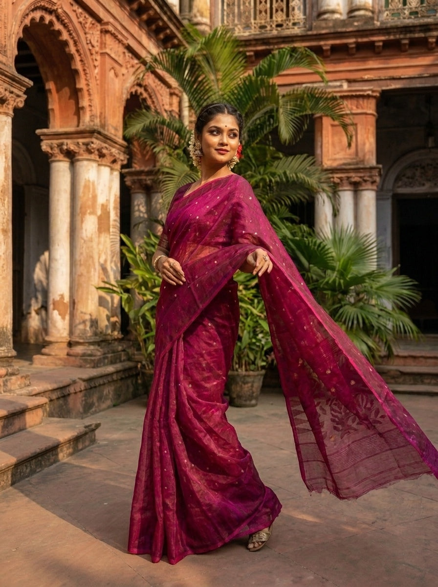 Suranjali Bengal Jamdani Saree (Wine)
