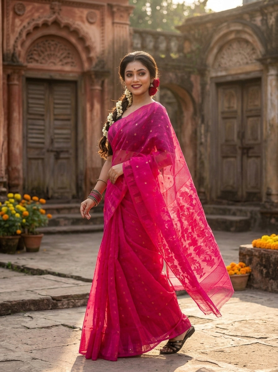 Suranjali Bengal Jamdani Saree (Pink)