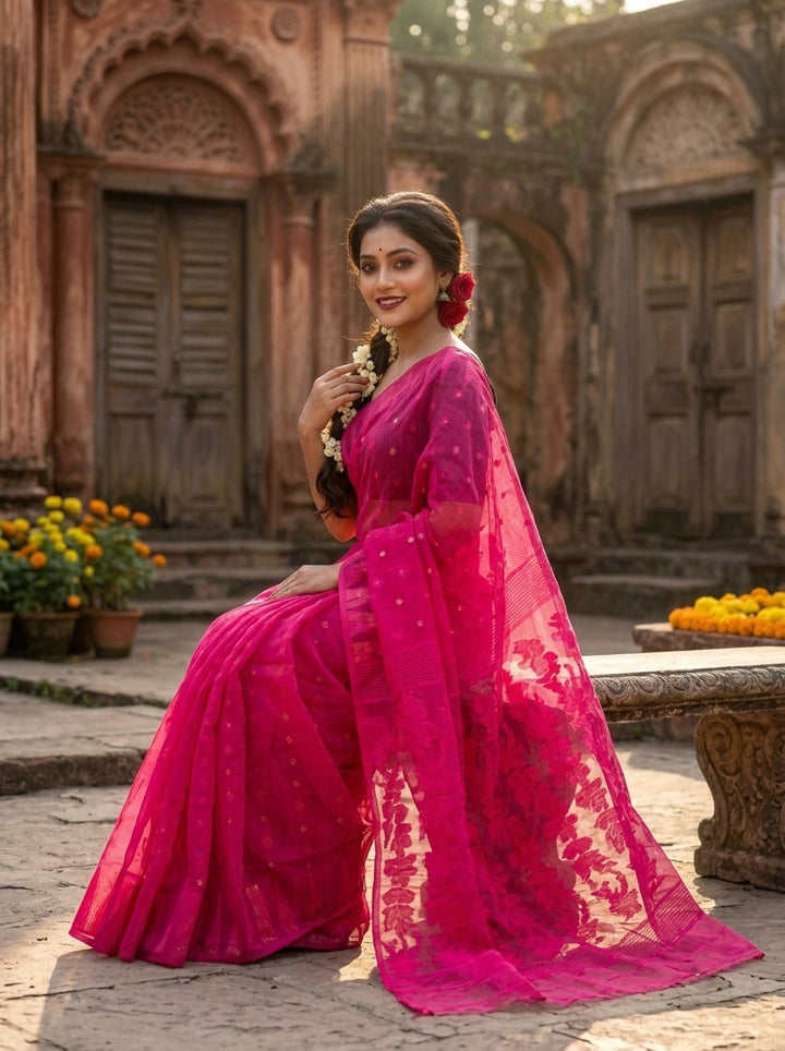 Suranjali Bengal Jamdani Saree (Pink)
