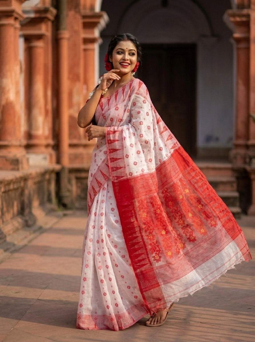 Suranjali Bengal Jamdani Saree (Red White)