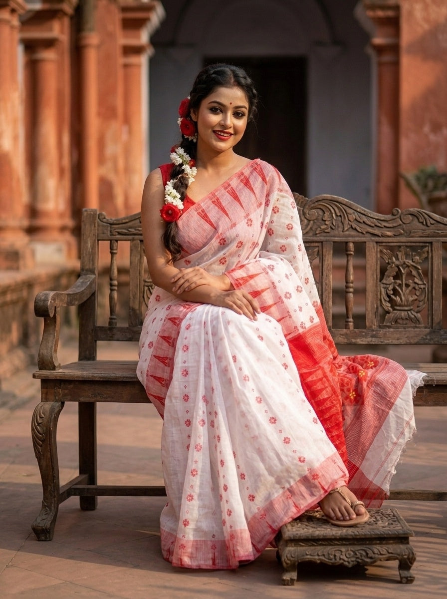 Suranjali Bengal Jamdani Saree (Red White)