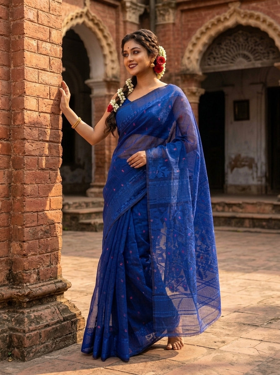 Shatarupa Bengal Jamdani Saree (Royal Blue)