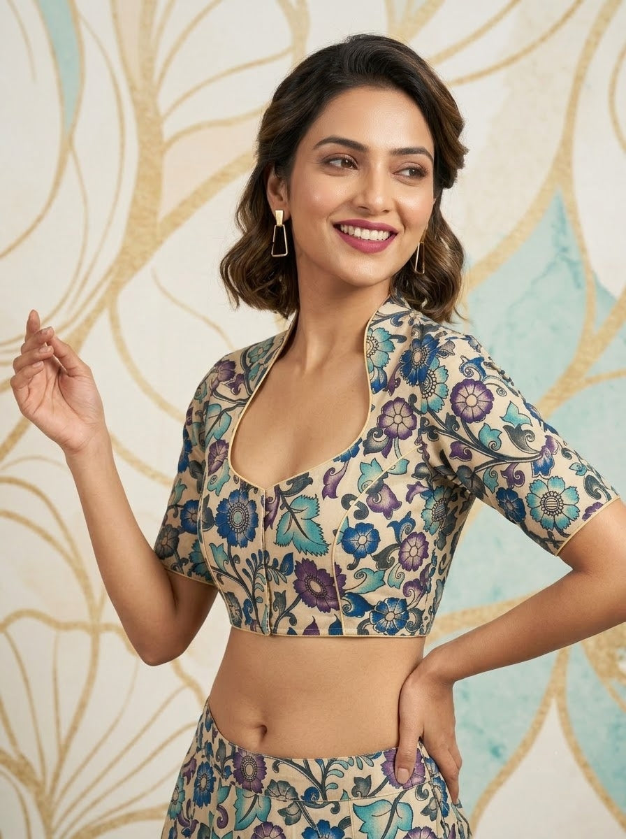 Retro Sketch Kalamkari Designer Blouse