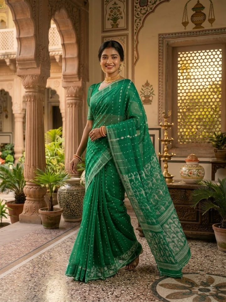 Shatarupa Bengal Jamdani Saree (Forest Green)