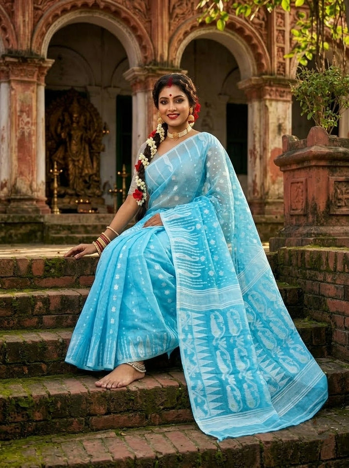 Moner Alo-Bengal Jamdani Saree (Light Sky)