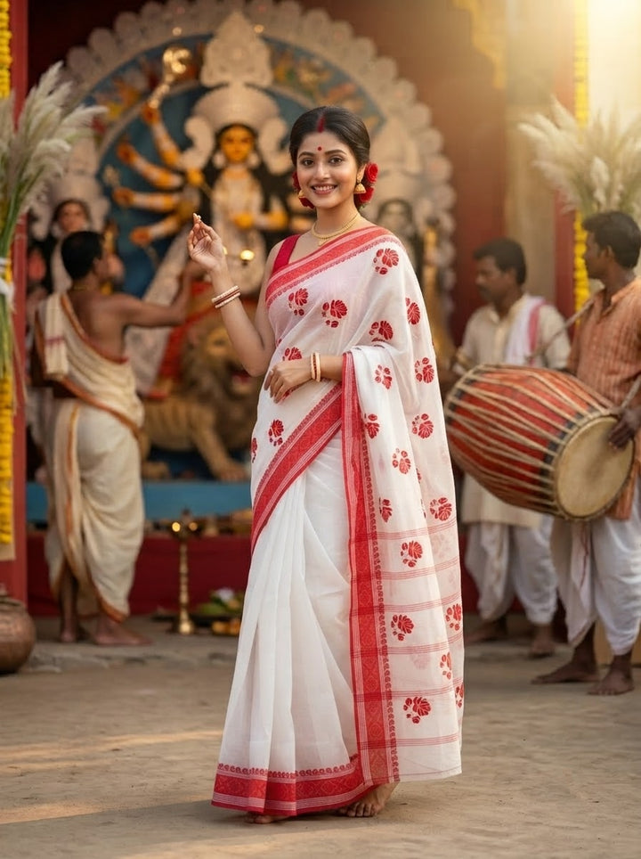 Ashtami Tangail Tant Cotton Saree (Rose Embroidery)
