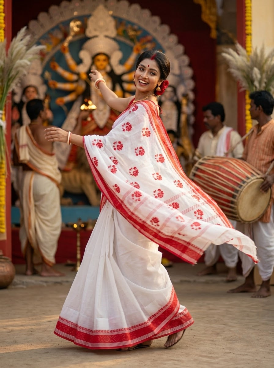 Ashtami Tangail Tant Cotton Saree (Rose Embroidery)