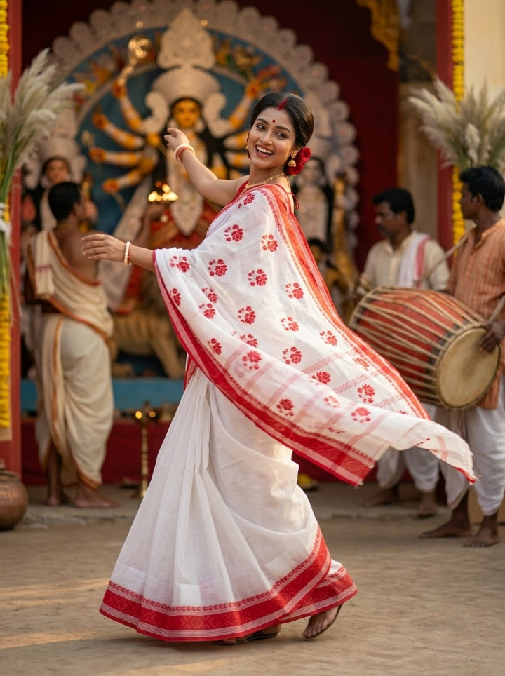 Ashtami Tangail Tant Cotton Saree (Rose Embroidery)