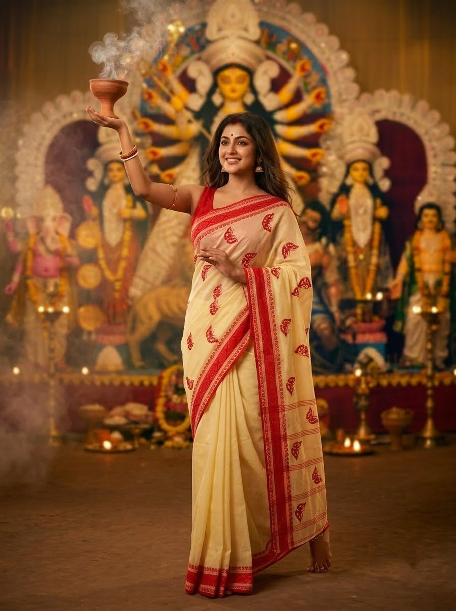 Ashtami Tangail Tant Cotton Saree(Butterfly Embroidery)