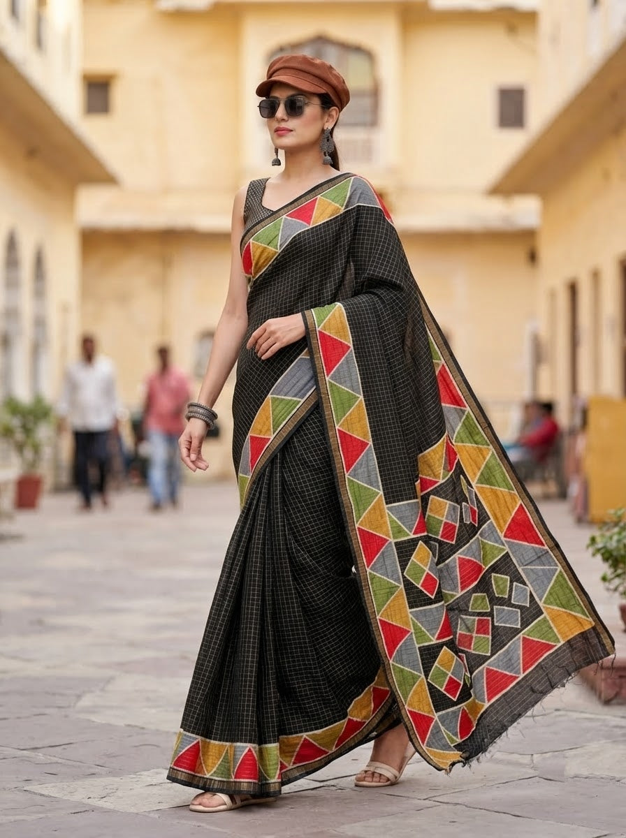 Rang Remix – Semi Matka Silk Multicolour Geometric Print Saree