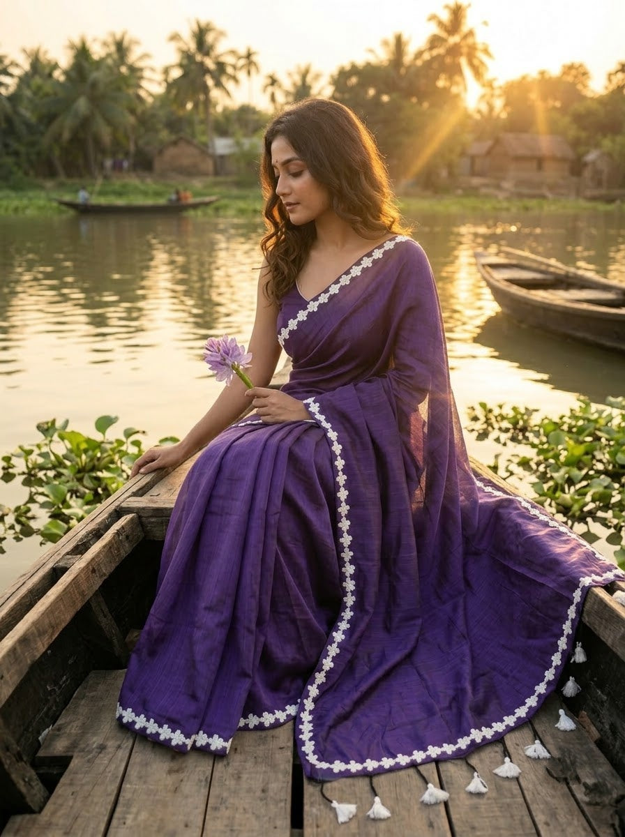 Meghanjali (মেঘাঞ্জলি)  Khadi Cotton Saree With Lace